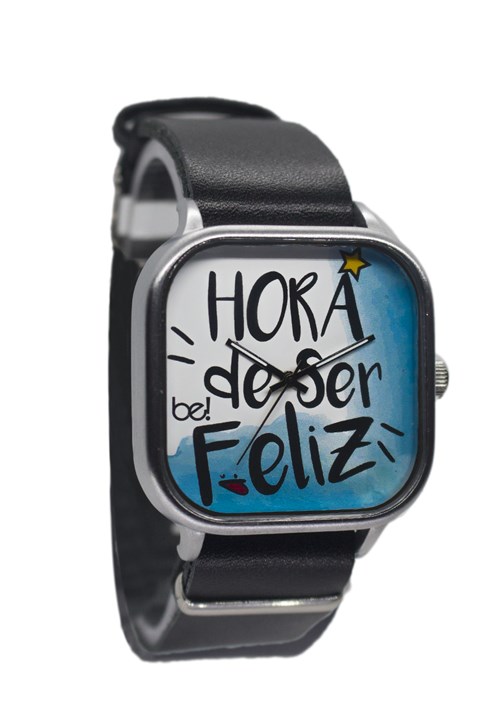 Relógio Bewatchoficial Pulseira de Couro Preto Hora de Ser Feliz