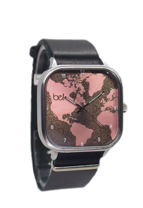 Relógio Bewatchoficial Pulseira de Couro Preto Mapa Mundi Rosa