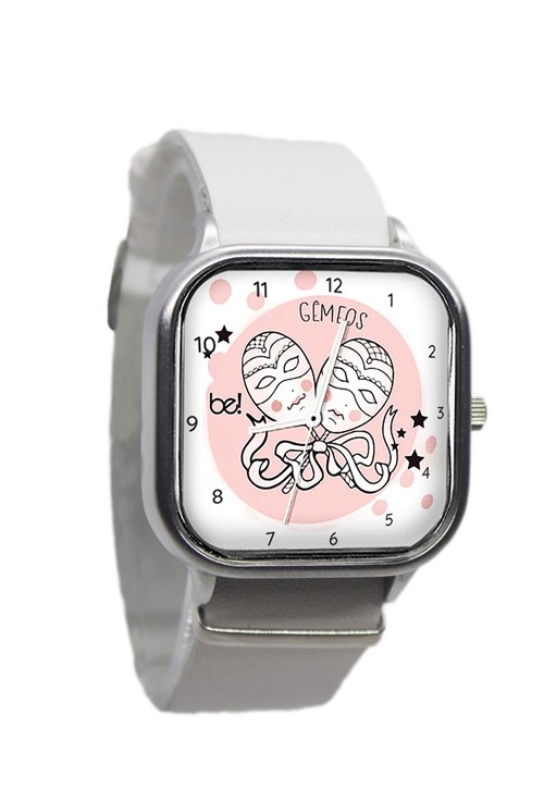 Relógio Bewatchoficial Signo Gêmeos Pulseira de Couro Branco