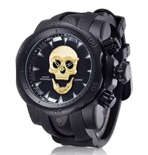 Relógio Big Dial Skull - Aço Inox (Preto com Dourado)