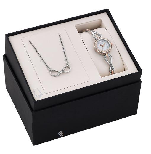 Relógio Bulova Feminino Womens Crystal Mother Of Pearl Watch Infinity Necklace Set