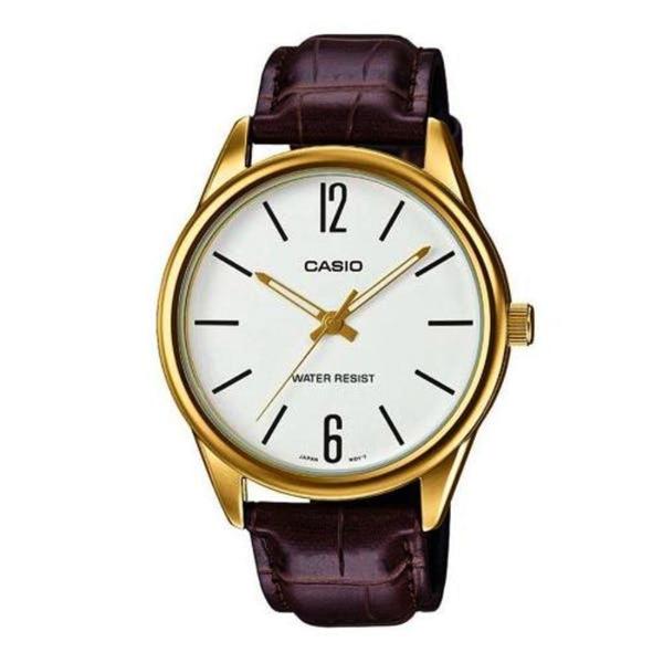 Relogio Casio Masculino Dourado Couro Marrom MTP-V005GL-7BUDF