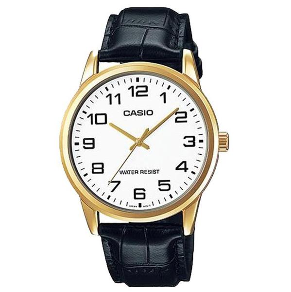 Relógio Casio Masculino Dourado Fundo Branco Couro MTP-V001GL-7BUDF