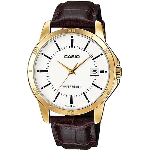 Relogio Casio Masculino Mtp-v004gl 7au Dourado Couro Marrom