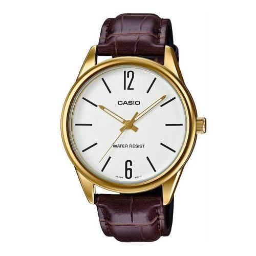 Relogio Casio Masculino Mtp-v005gl 7bu Dourado Couro Marrom