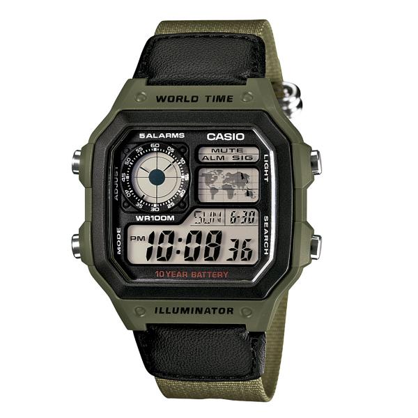 Relógio Casio Masculino Sportivo Digital Hora Muldial 48 Cidades Pulseira de Lona Verde / Preto Ae-1200Whb-3Bvdf