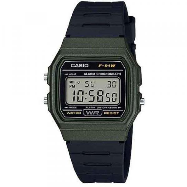 Relogio Casio Vintage Masculino Preto com Verde Digital F-91