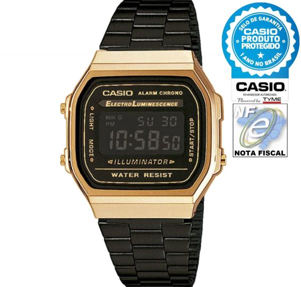 Relógio CASIO Vintage Unissex A168WEGB-1BDF Digital - Preto com Dourado