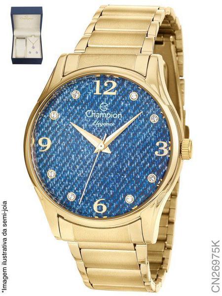 Relógio Champion CN26975K feminino dourado mostrador azul jeans