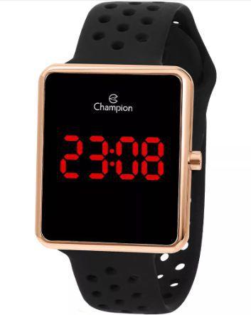Relógio Champion Digital em Aço Rose Retangular LED Vermelho Pulseira de Silicone 3 ATM CH40081