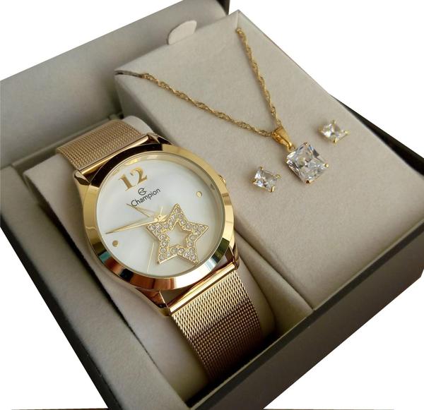 Relógio Champion Dourado Feminino CH25918W BANHADO OURO 18K + KIT SEMI JÓIA ORIGINAL NF