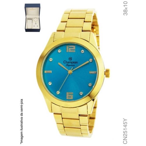 Relógio Champion Dourado Feminino Fundo Azul C/ Kit Cn25145y