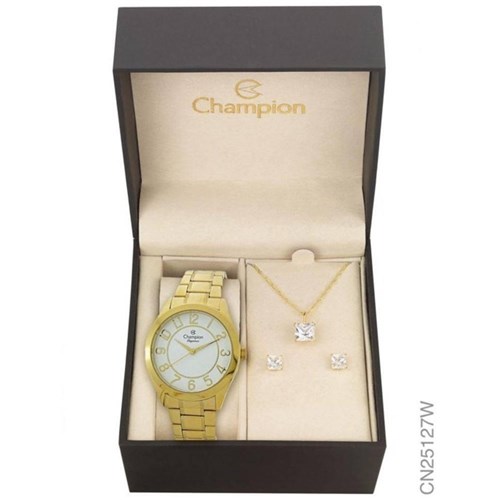 Relógio Champion Dourado Feminino Pequeno Kit Novo Cn25127w