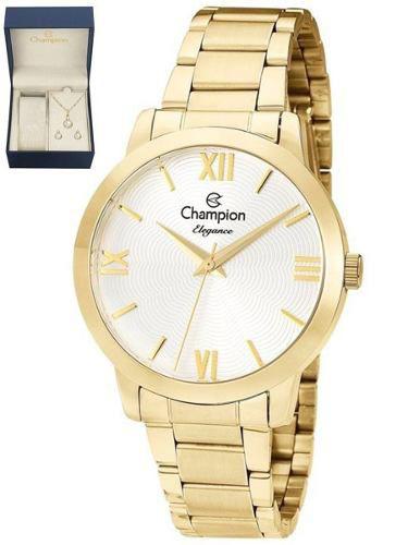 Relógio Champion Elegance Dourado Cn25403w + Kit Semijoias