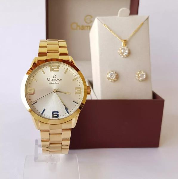 Relógio Champion Feminino Analógico Dourado CN29892Z + Kit de Brincos e Colar