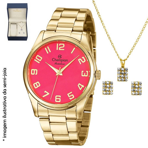 Relógio Champion Feminino Analógico Dourado Rosa + Kit de Colar e Brincos CN29883Z