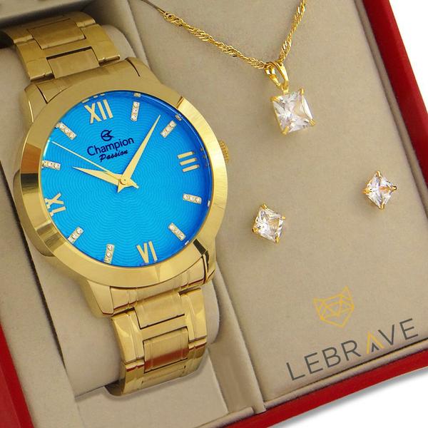 Relógio Champion Feminino Dourado Azul CN29169Y Original 1 Ano de Garantia