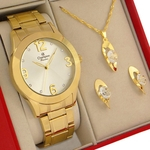 Relógio Champion Feminino Dourado Branco CN25252W prova d'água + colar brincos + pulseira berloque