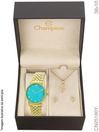 Relógio Champion Feminino Dourado + Brinco + Colar REF. CN25190Y