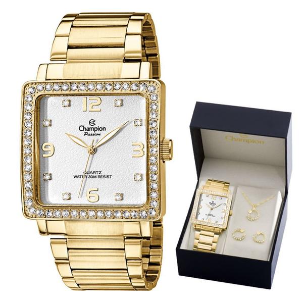 Relógio Champion Feminino Dourado CH25696W + Colar e Brinco 18k