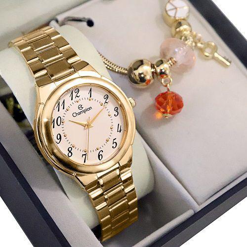 Relógio Champion Feminino Dourado CH22368W + Pulseira Berloques