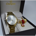 Relogio Champion Feminino Dourado Cn26000s Numeros + Pulseira De Berloque