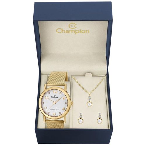 Relógio Champion Feminino Dourado Cn29034w Kit Colar Brincos