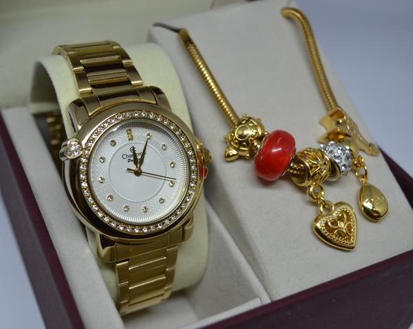 Relogio Champion Feminino Dourado Cn29141w + Pulseira Berloque