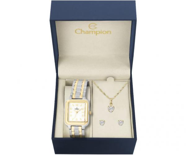 Relógio Champion Feminino Dourado e Prata + Kit Ch24973c