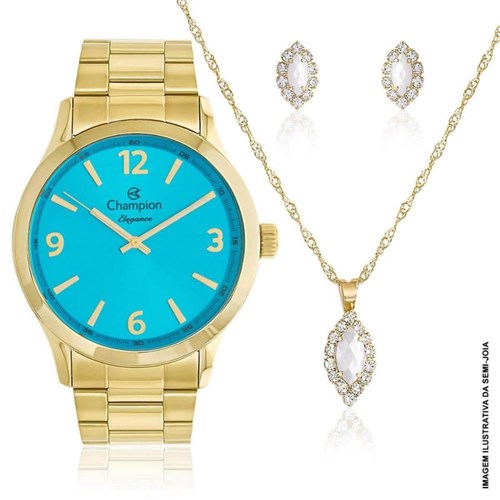 Relógio Champion Feminino Dourado Kit Colar Brincos Cn26206y