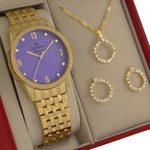 Relógio Champion Feminino Dourado Ouro CN26082B prova d'água + colar e brincos + 1 ano de garantia