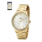 Relogio Champion Feminino Dourado Pedra Cn27269w + Kit Colar E Brincos