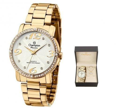 Relogio Champion Feminino Dourado Pedrinha Ch24768w + Kit Semi Joia