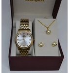 Relogio Champion Feminino Dourado Pedrinha Cn27910w + Kit Semi Joia