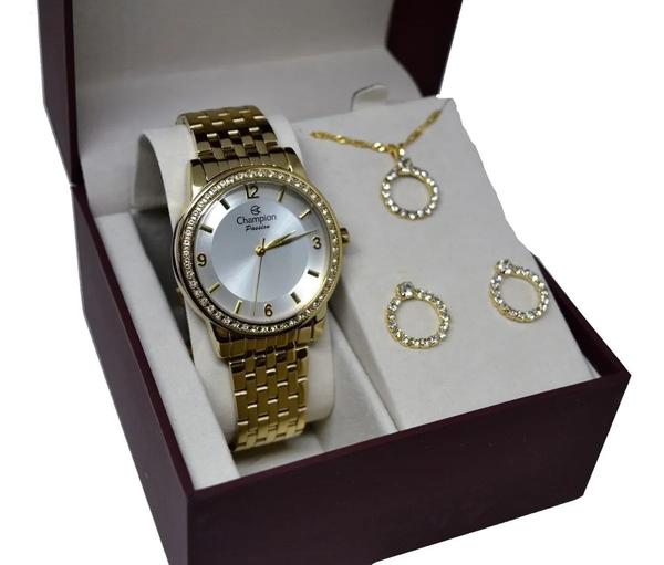 Relogio Champion Feminino Dourado Pedrinha Cn27947w + Kit Semi Joia