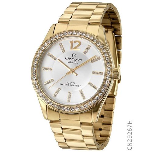 Relógio Champion Feminino Dourado Ponteiro Cristal Cn29267h