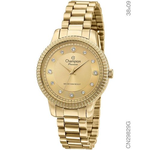 Relógio Champion Feminino Dourado Ponteiro Cristal Cn29829g