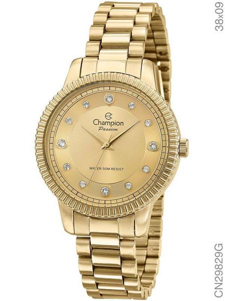 Relógio Champion Feminino Dourado Ponteiro Cristal Cn29829g