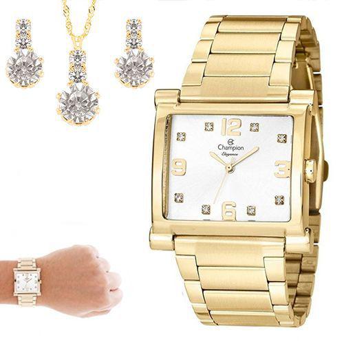 Relógio Champion Feminino Dourado Quadrado CN26939W + Kit Colar e Brincos