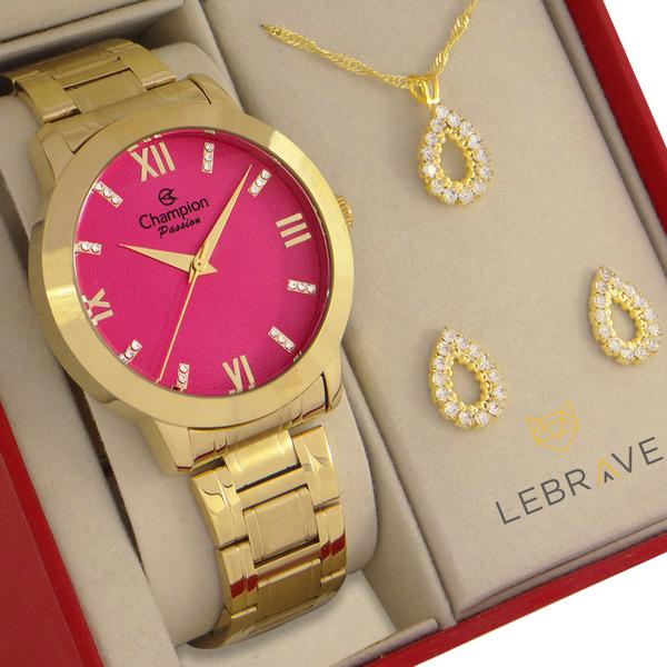 Relógio Champion Feminino Dourado Rosa Prova D'água + Colar e Brincos CN29169J