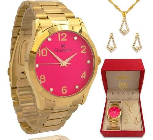 Relógio Champion Feminino Dourado Rosa Prova D'água + Colar e Brincos CN29883Z