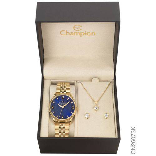 Relógio Champion Feminino Kit Corrente e Brinco de Coração Cn26073k