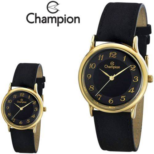 Relógio Champion Feminino Original Dourado Couro Camurça Preto