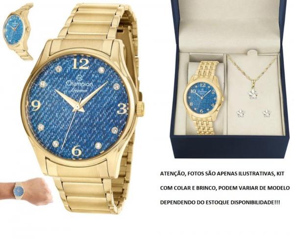 Relógio Champion Kit Dourado Azul CN26984K