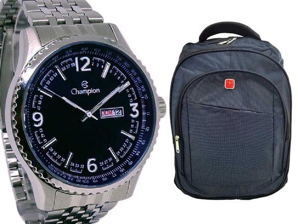 Relógio Champion Masculino Analógico Pulseira de Aço Original + Mochila Notebook Azul