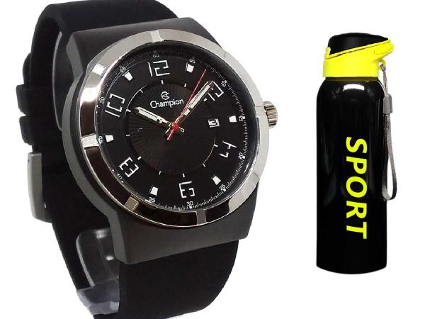 Relógio Champion Masculino Esportivo Pulseira de Silicone + Squeeze Inox Tampa Abre Fácil e Bico