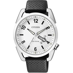 Relógio Citizen Masculino Prata Eco-Drive Couro com Data