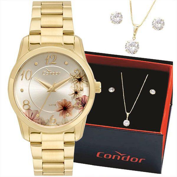 Relógio Condor Feminino Dourado + Colar + Brincos + Nf Co2039at/k4d