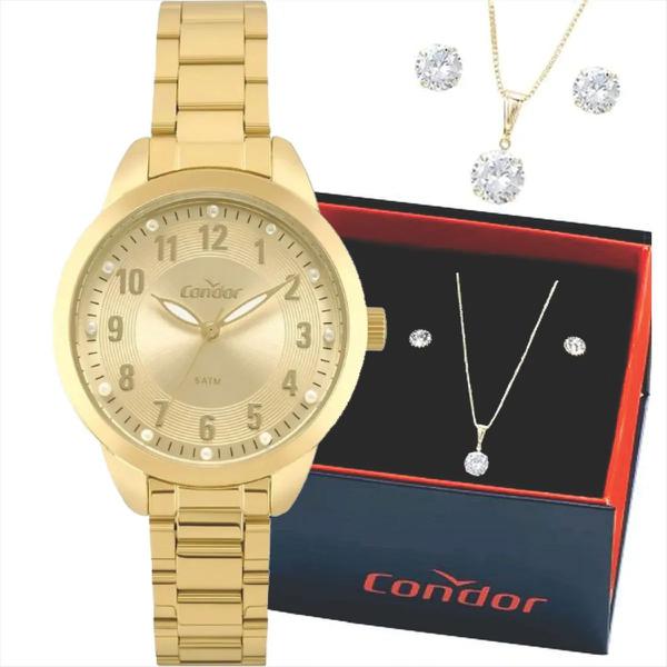 Relógio Condor Feminino Dourado + Colar + Brincos + Nf