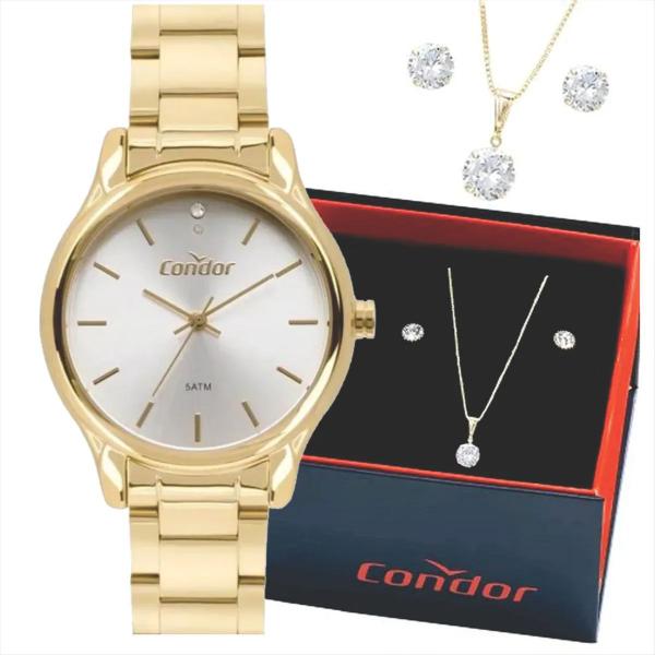 Relógio Condor Feminino Dourado + Colar + Brincos + Nf